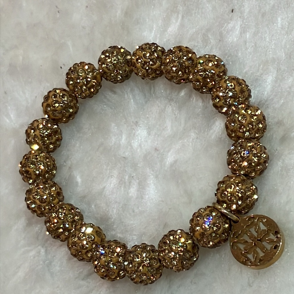 Rustic Cuff | Gold Rhinestone Beaded Stretch Brac… - image 4
